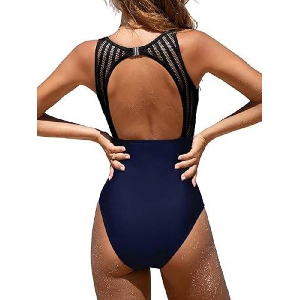 Cupshe Navy Blue High Neck Mesh Back Ruched Slimming One Piece Swimsuit‎ NWT
